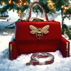 Beautiful Glamorous Red Tote Bag Satchel with Matching Wallet Set